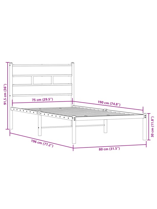 Kovový rám postele bez matrace dub sonoma 75 x 190 cm