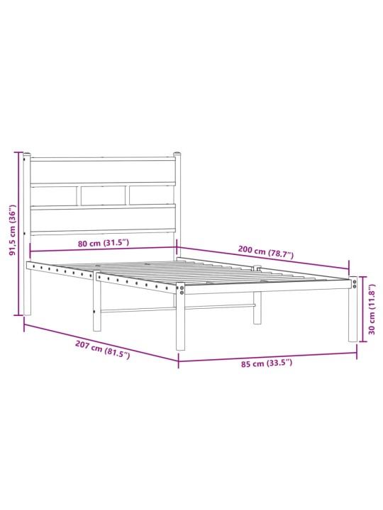 Kovový rám postele bez matrace dub sonoma 80 x 200 cm