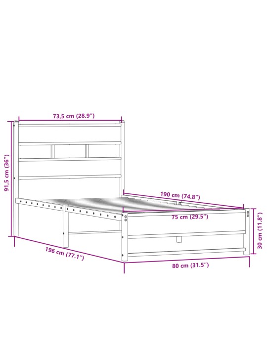 Kovový rám postele bez matrace dub sonoma 75 x 190 cm