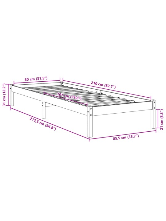 Prodloužený rám postele bez matrace bílý 80 x 210 cm borovice