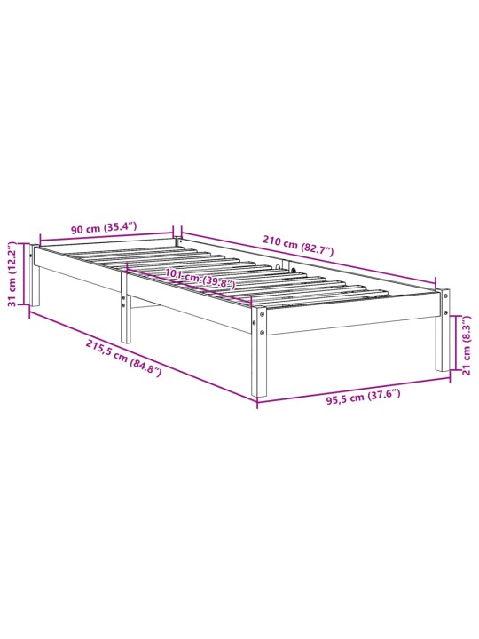 Prodloužený rám postele bez matrace bílý 90 x 210 cm borovice