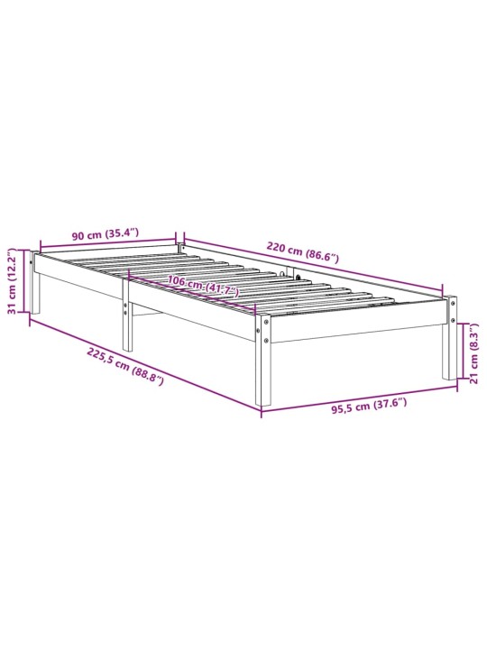 Prodloužený rám postele bez matrace bílý 90 x 220 cm borovice