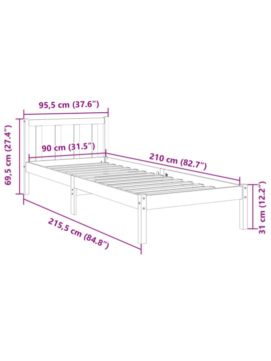 Prodloužený rám postele bez matrace bílý 90 x 210 cm borovice