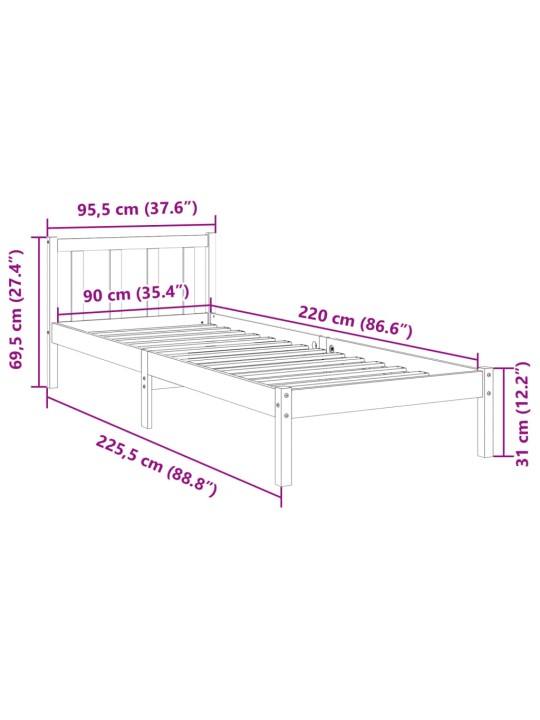 Prodloužený rám postele bez matrace bílý 90 x 220 cm borovice