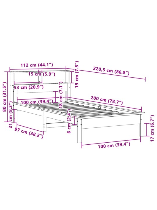 Postel s knihovnou bez matrace 100 x 200 cm masivní borovice