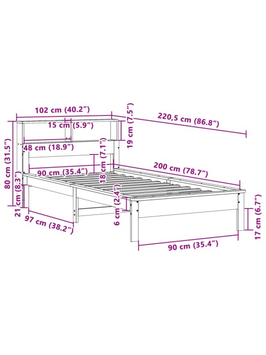 Postel s knihovnou bez matrace 90 x 200 cm masivní borovice
