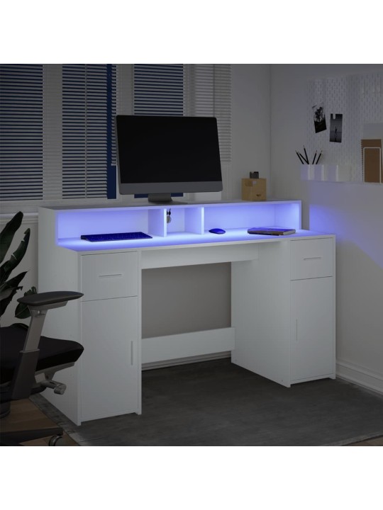 Psací stůl s LED světly bílý 140 x 55 x 91 cm kompozitní dřevo
