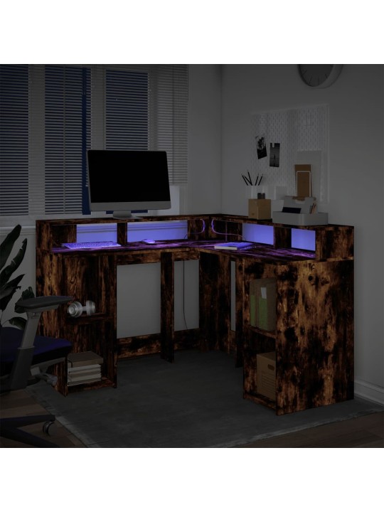 Psací stůl s led kouřový dub 130 x 130 x 91 cm kompozitní dřevo