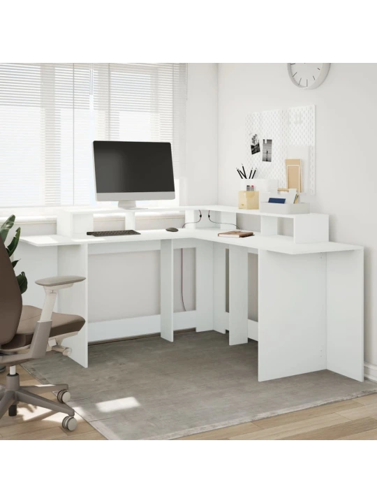 Psací stůl s LED světly bílý 152 x 152 x 91 cm kompozitní dřevo