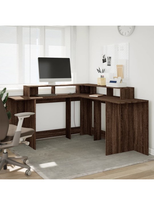Psací stůl s led hnědý dub 152 x 152 x 91 cm kompozitní dřevo