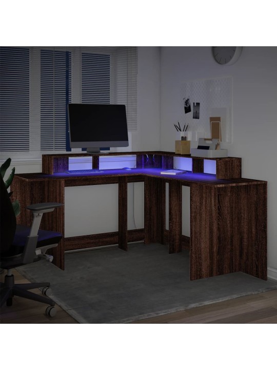 Psací stůl s led hnědý dub 152 x 152 x 91 cm kompozitní dřevo