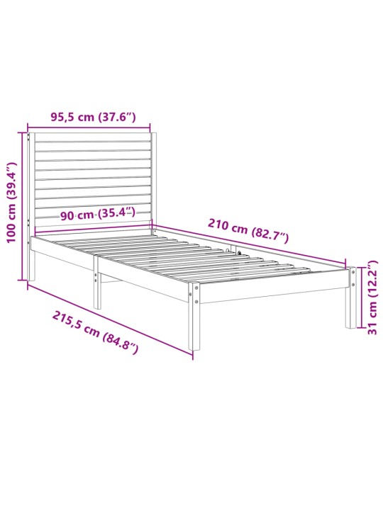 Prodloužený rám postele bez matrace 90 x 210 cm masivní dřevo