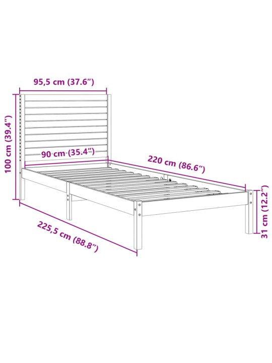 Prodloužený rám postele bez matrace 90 x 220 cm masivní dřevo