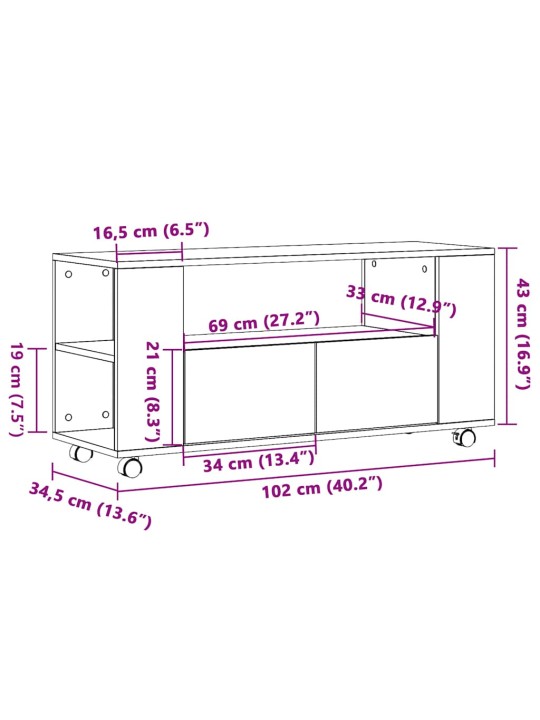 Tv skříňka na kolečkách old wood 102 x 34,5 x 43 cm kompozit