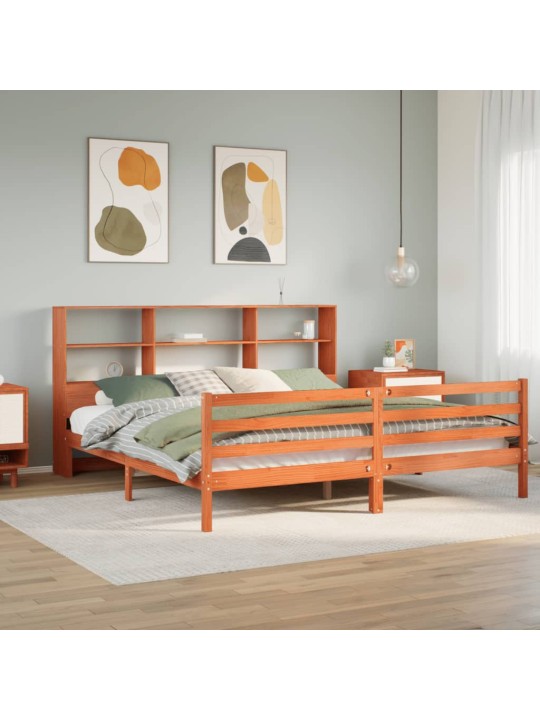 Postel s knihovnou bez matrace hnědá 200 x 200 cm masivní dřevo