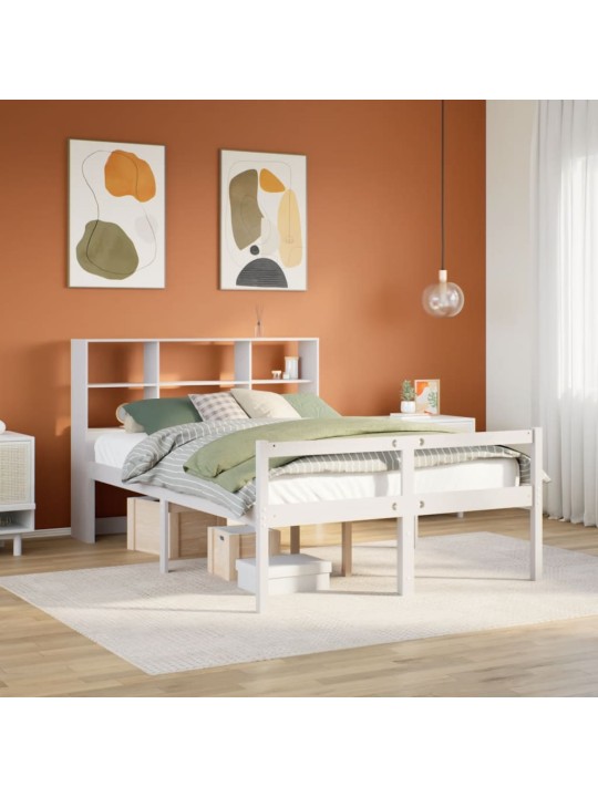Postel s knihovnou bez matrace bílá 150x200 cm masivní borovice