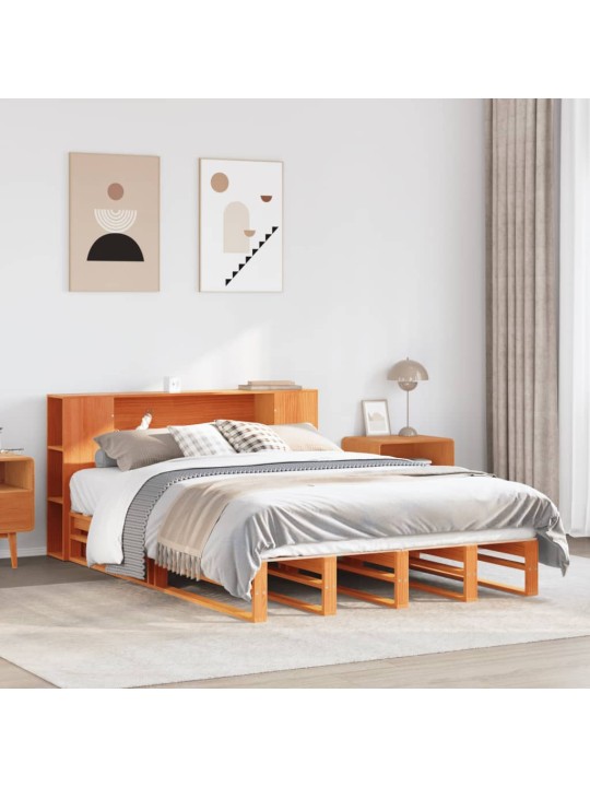 Postel s knihovnou bez matrace hnědá 150 x 200 cm masivní dřevo