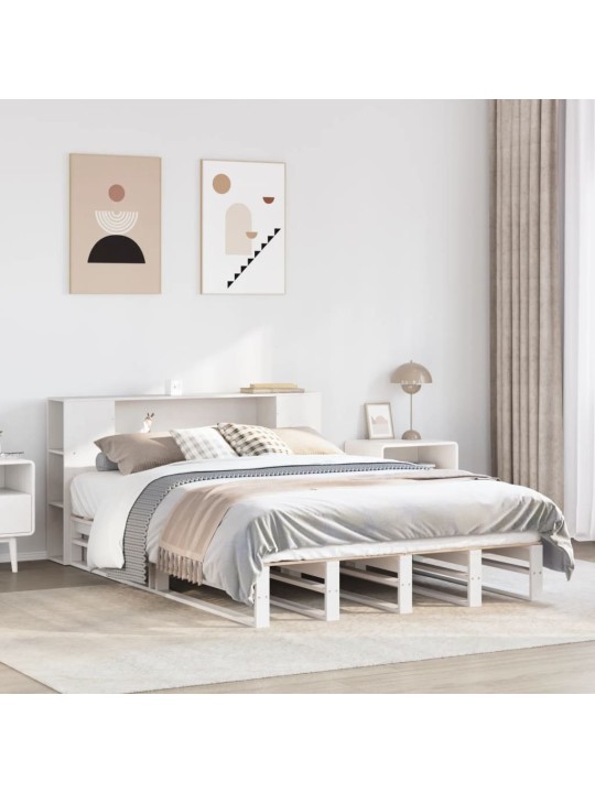 Postel s knihovnou bez matrace bílá 160 x 200 cm masivní dřevo
