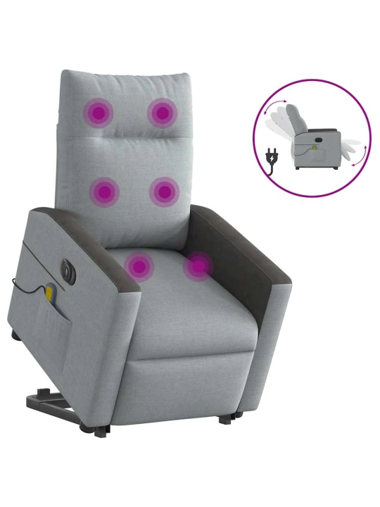 Elektrické zvedací masážní polohovací křeslo světle šedé textil