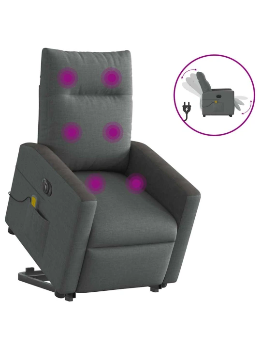 Elektrické zvedací masážní polohovací křeslo tmavě šedé textil