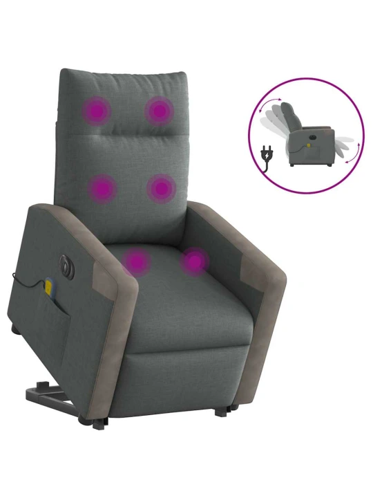 Elektrické zvedací masážní polohovací křeslo tmavě šedé textil