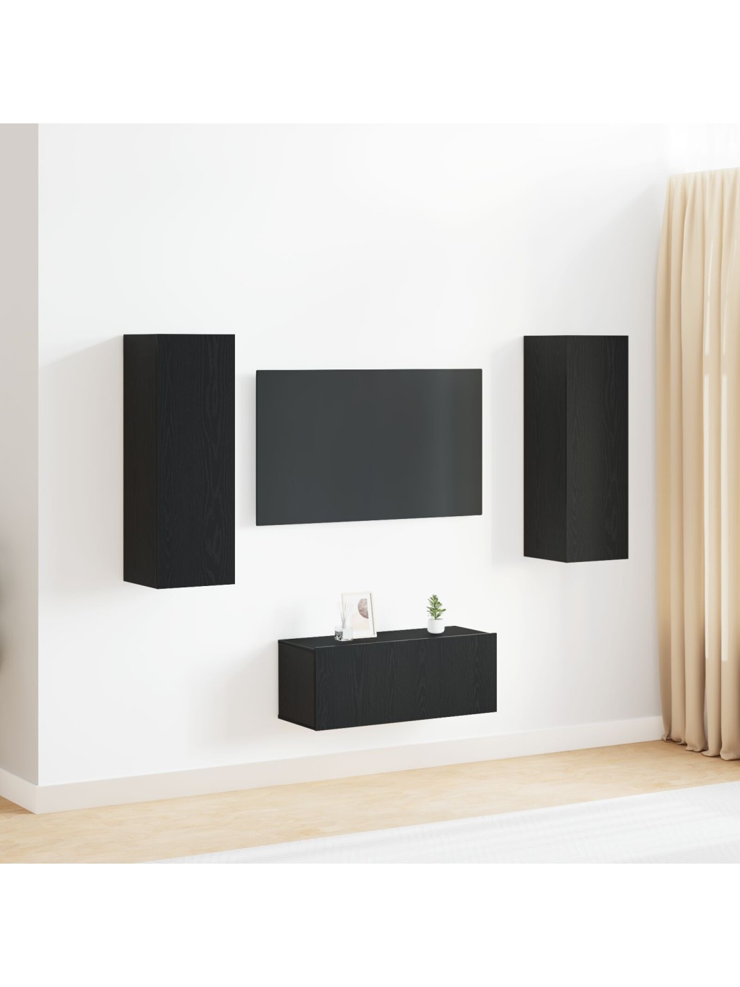 3dílná tv skříň sada na stěnu černý dub z mdf, černý dubový stojan na tv 80x30x30 cm z mdf, nástěnné skříně na tv - 2 ks černý dub, 30.5x30x90 cm, vyrobeno z mdf
