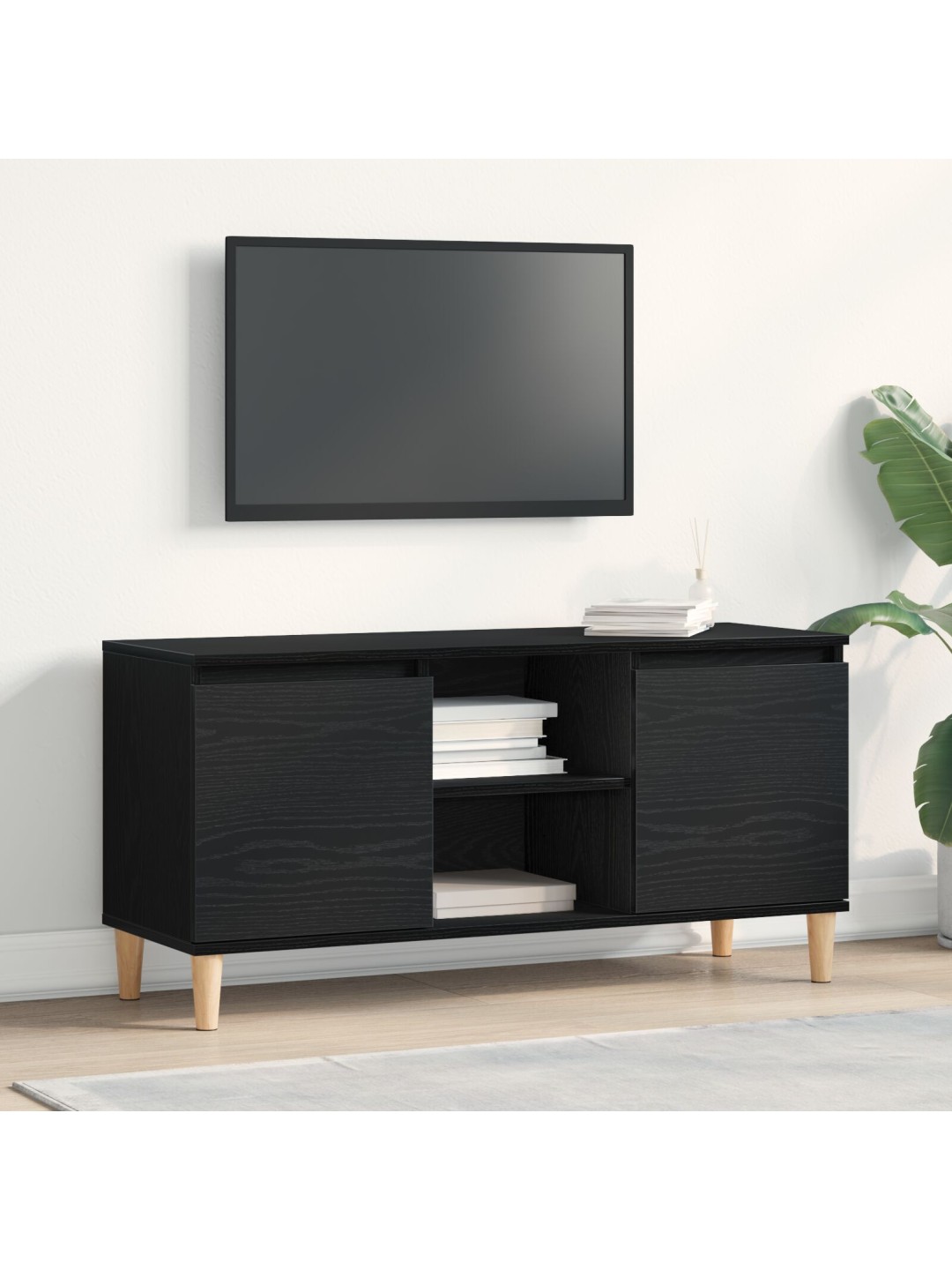 Tv stolek s dřevěnýma nohama černý dub 102x35x50 cm