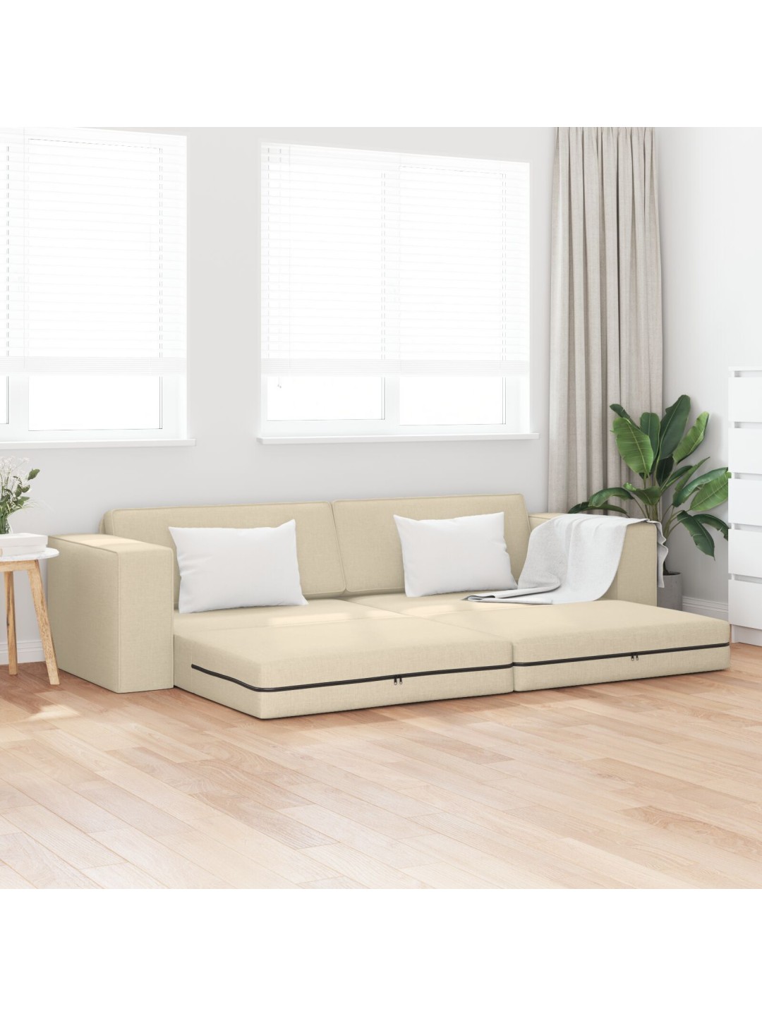 Podlahová pohovka postel 2 v 1 krémová 245x150x60.5 cm tkanina