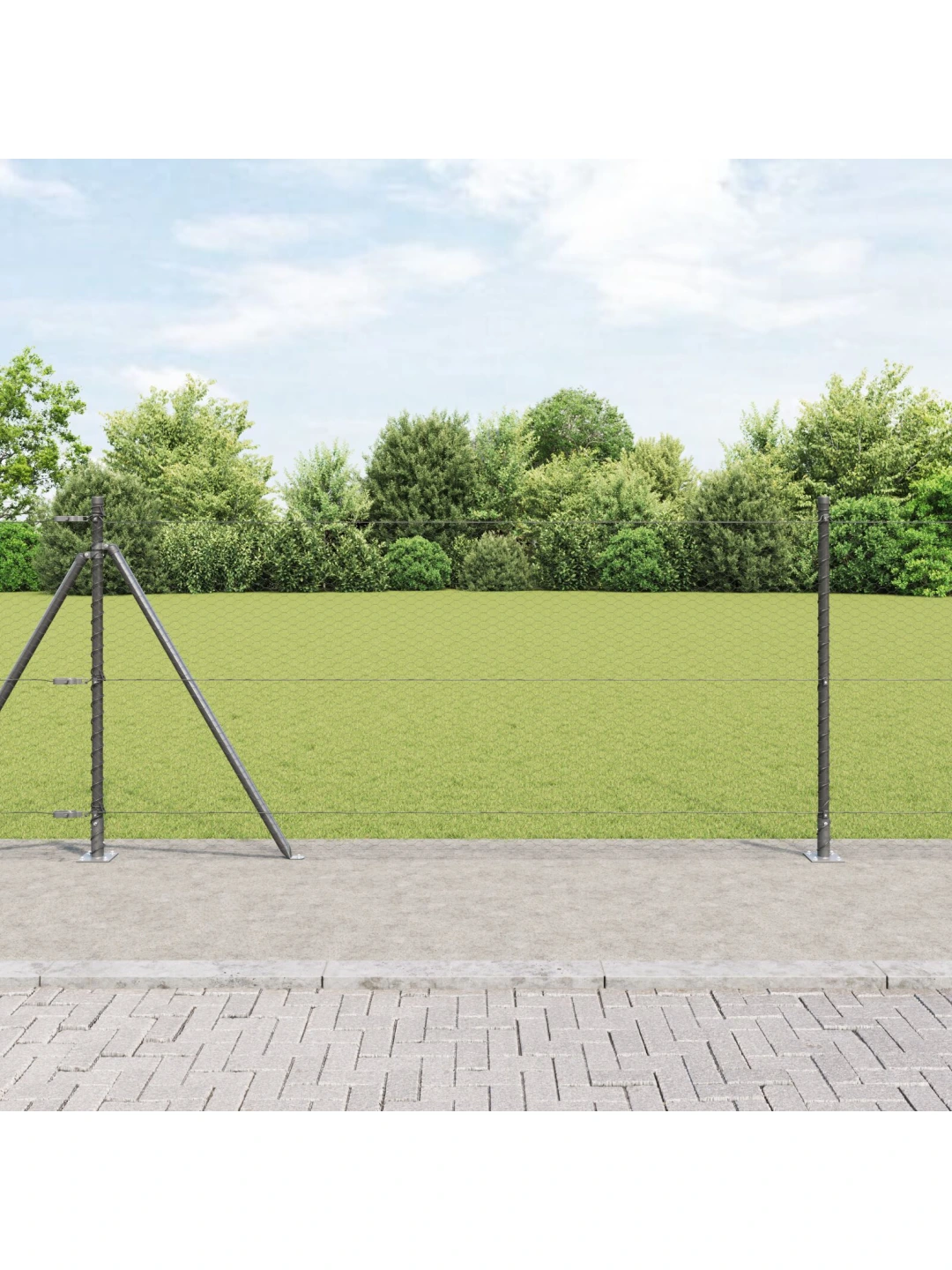 Šedý šestiúhelníkový plot 0,8x10 m ocel, ocelové sloupky s základovými deskami 7 ks ø32mm 90cm pozinkovaná ocel