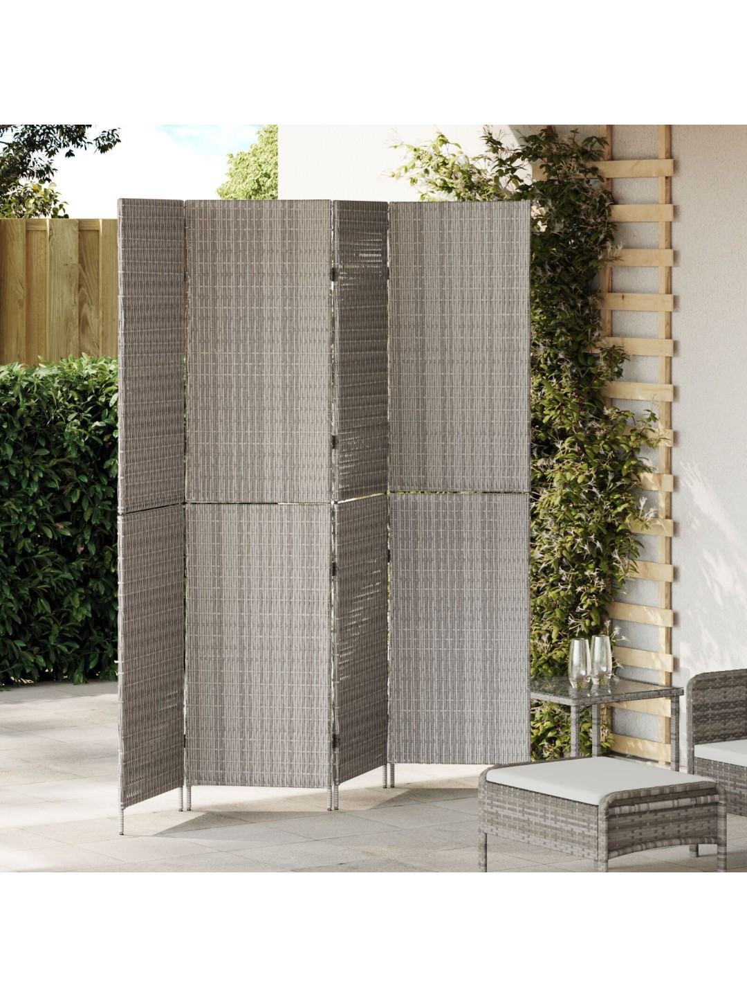 Příčka 4 panely skládací šedá 195x180 cm poly ratan