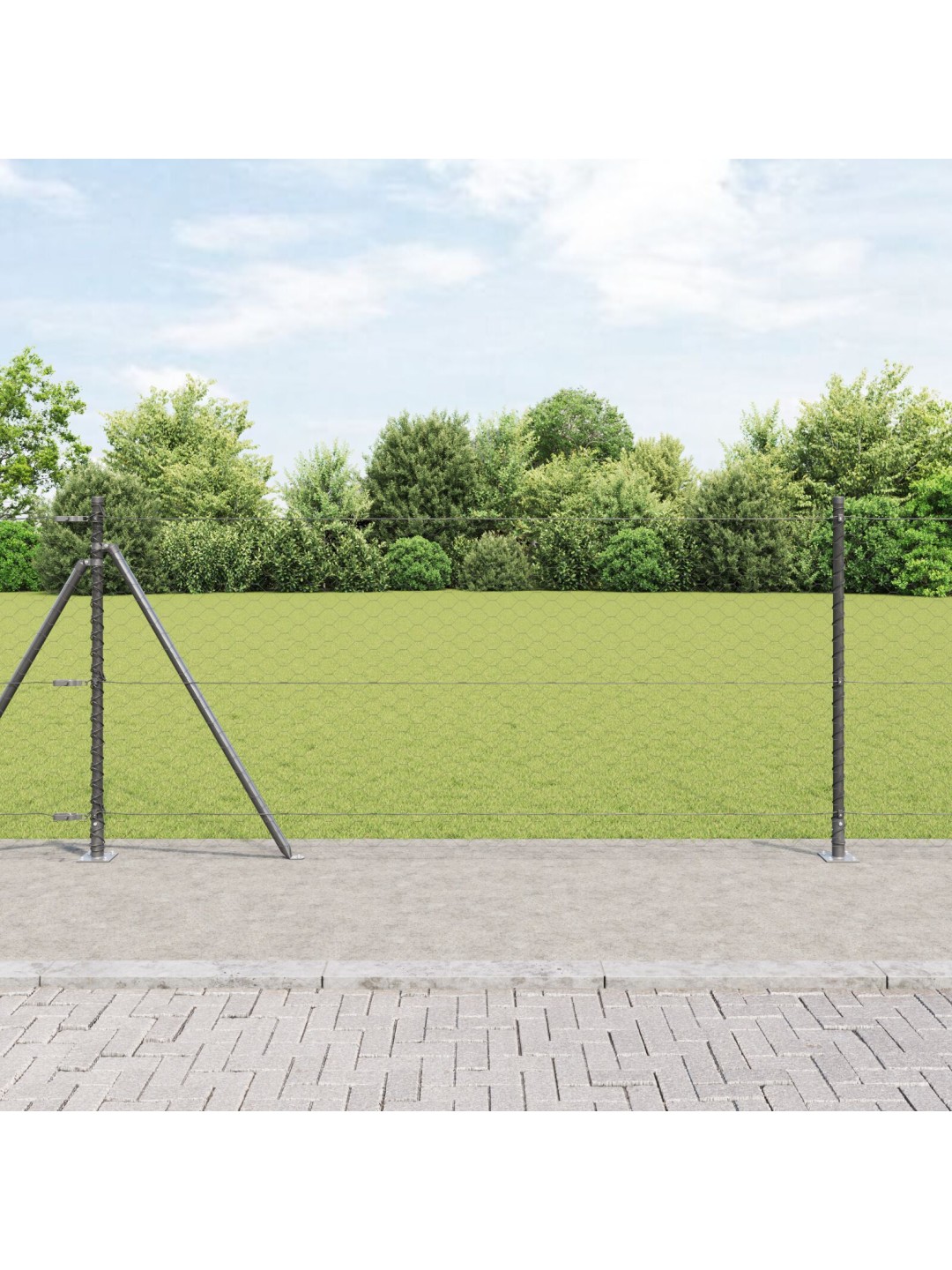 Hexagonální oplocení šedé 0.8x10 m z oceli, sloupky oplocení s základními deskami 7 ks ø32mm 90cm pozinkovaná ocel