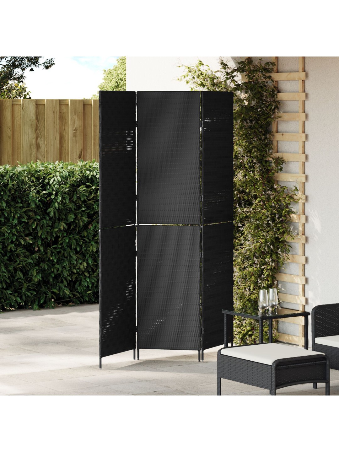 Paraván 3 panely skládací černý 146x180 cm z poly ratan