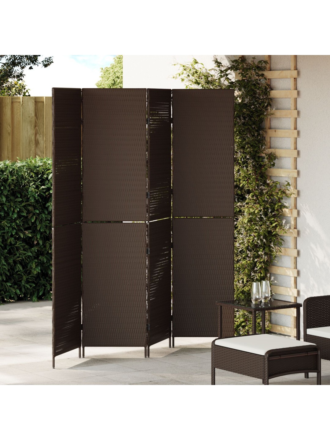 Paraván 4 panely skládací hnědá 195x180 cm poly rattan