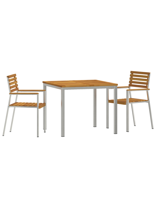 3dílný zahradní jídelní set z masivního akáciového dřeva, venkovní jídelní stůl 90x90x74.5 cm z masivního akáciového dřeva, skládací zahradní židle 2 ks z masivního akáciového dřeva a oceli