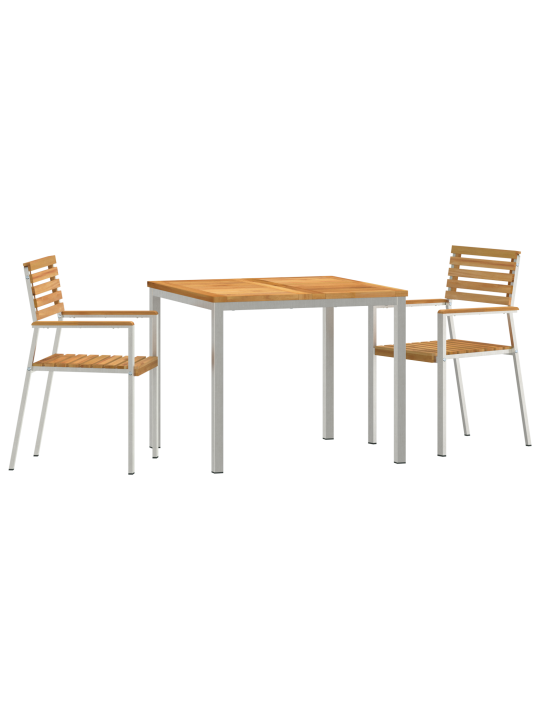 3dílná sada zahradního nábytku z masivního teakového dřeva, venkovní jídelní stůl 90x90x74.5 cm z masivního teakového dřeva, stohovatelné zahradní židle 2 kusy z masivního teakového dřeva a oceli