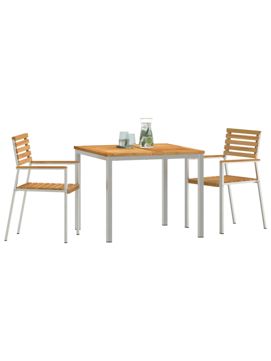 3dílná sada zahradního nábytku z masivního teakového dřeva, venkovní jídelní stůl 90x90x74.5 cm z masivního teakového dřeva, stohovatelné zahradní židle 2 kusy z masivního teakového dřeva a oceli