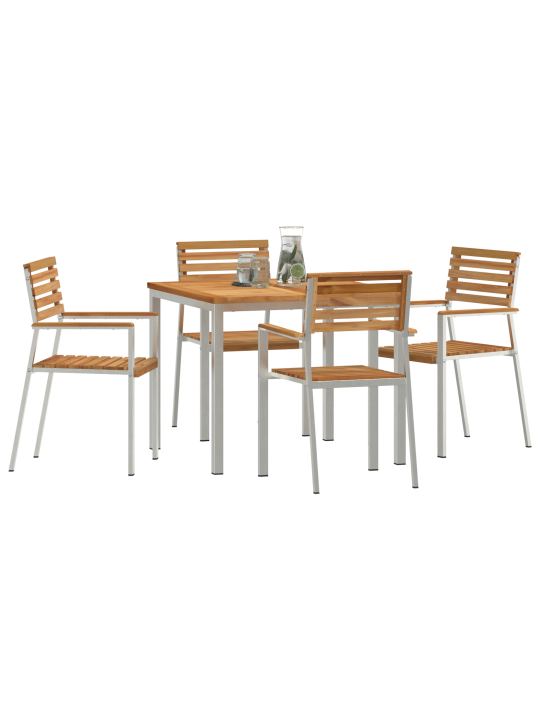 Zahradní jídelní set 5dílný z masivního teaku, venkovní jídelní stůl 90x90x74,5 cm z masivního teaku, zahradní židle stohovatelné 4 ks z masivního teaku a oceli