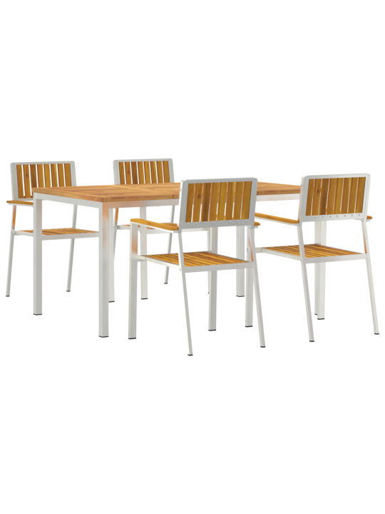 5dílný zahradní jídelní set z masivního akáciového dřeva, venkovní jídelní stůl 150x90x75 cm z masivního akáciového dřeva, skládací zahradní židle 4 ks z masivního akáciového dřeva a kovu