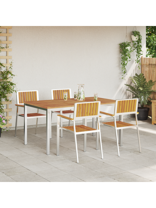 5dílný zahradní jídelní set z masivního akáciového dřeva, venkovní jídelní stůl 150x90x75 cm z masivního akáciového dřeva, skládací zahradní židle 4 ks z masivního akáciového dřeva a kovu