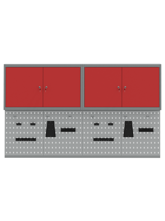 6dílný kovový úložný stůl a panel s háčky na zeď červený