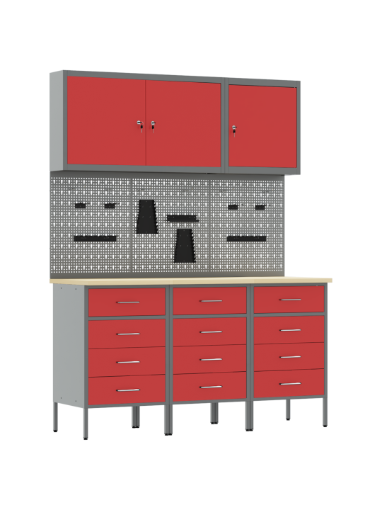 Pracovní skříňka a panel s háčky v červené mdf a kovu