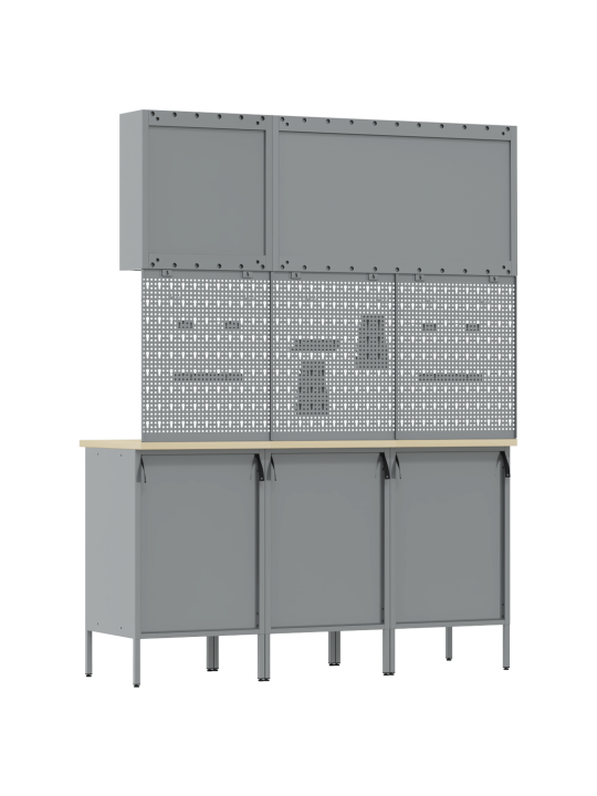 Pracovní skříňka a panel s háčky v červené mdf a kovu