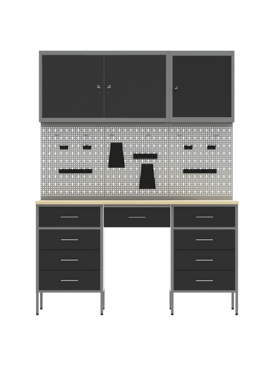 Pracovní skříňka a pegboard 8 kusů černá mdf a kov