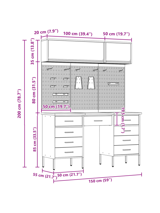 8dílná pracovní skříň a set s pegboardem, černá mdf a kov