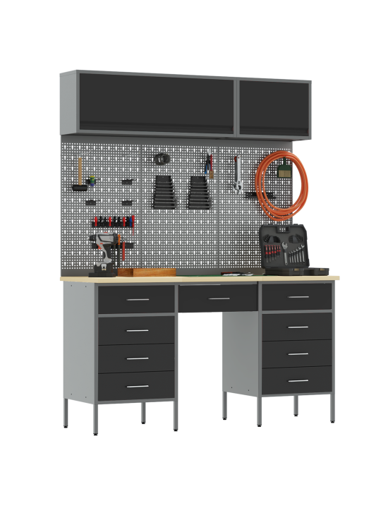 8dílná pracovní skříň a set s pegboardem, černá mdf a kov