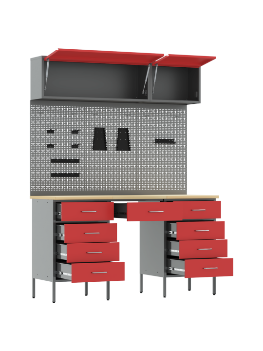8dílná pracovní skříň a pegboard sada červená mdf a kov