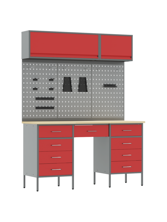 8dílná pracovní skříň a pegboard sada červená mdf a kov