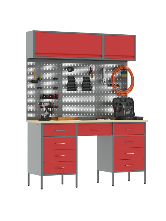 8dílná pracovní skříň a pegboard sada červená mdf a kov