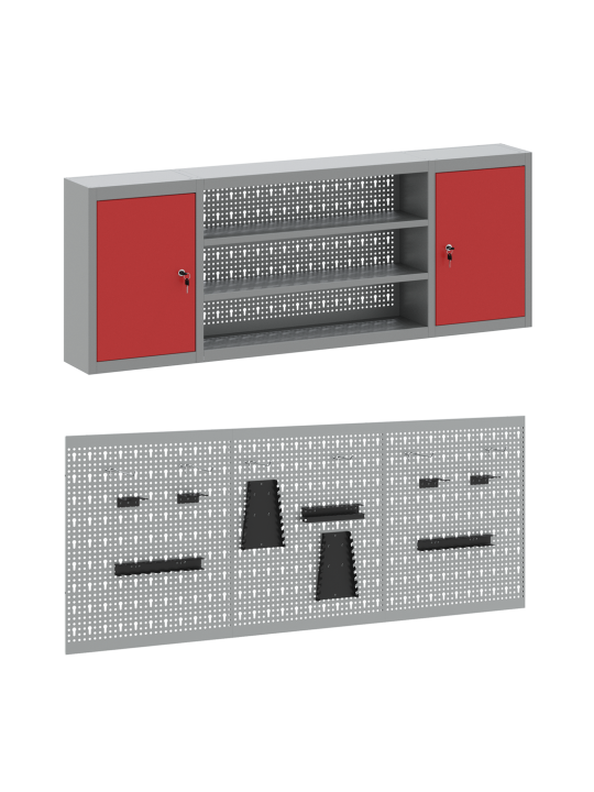 Pracovní skříň a nástěnný panel – 7 kusů – červená mdf a kov