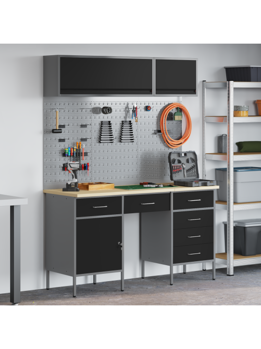 Pracovní kabinet a pegboard 8 ks černý mdf a kov